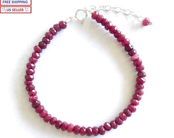 Genuine Ruby Gemstone Natural Color 925 Silver adjustable Bracelet USA SELLER