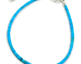 Genuine Blue Turquoise 2mm  Bead Tube Natural Color 925 Silver Women Handmade adjustable Bracelet USA SELLER