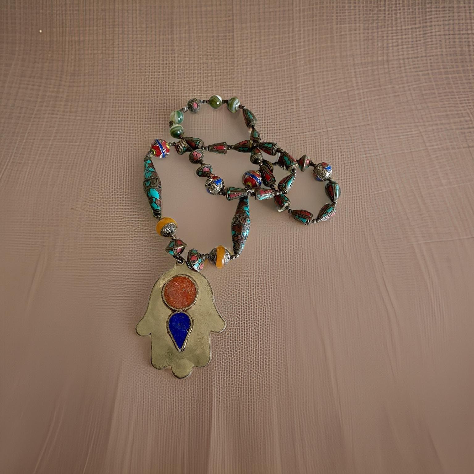Collier Ethnique Népalais/Tibétain - Turquoise, Agate, Perles, Coquillage - Occasion