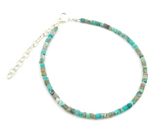 Genuine Turquoise 2 mm Bead Tube Natural Color 925 Silver Women Handmade adjustable Bracelet USA SELLER