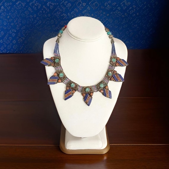 Collier Ethnique Népalais Fait Main - Turquoise, Corail Rouge, Argenté - 18 Pouces (neuf Sans étui)