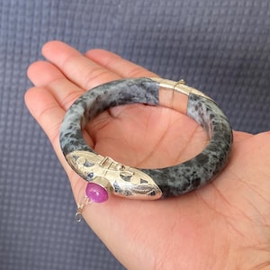6.4 inch Circumference Handmade 925 Silver Natural Burmese Jade Women's Bangle Bracelet EtsJ 201