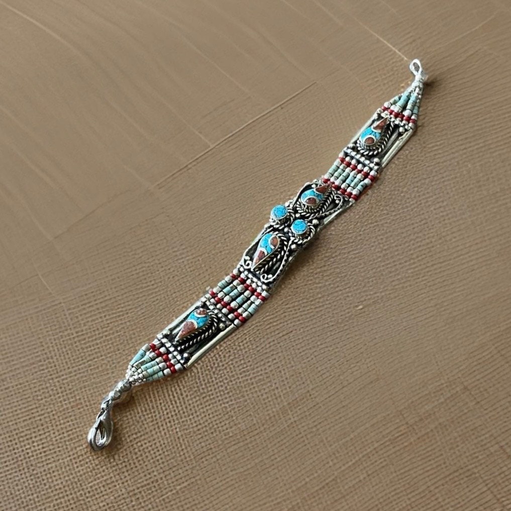 Vintage Nepal Tibetan Women Bracelet Turquoise  Nepalese Ethnic Coral Tibet Handmade