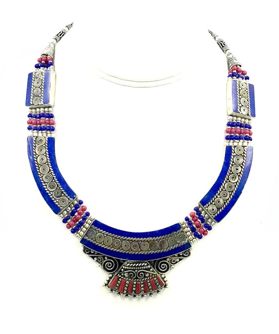 Vintage Nepal Tibetan Women Necklace Lapis Coral … - image 1