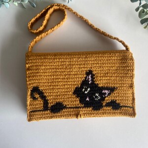 Virkad svart kattväska, Stickad bokhylla, Present till bokälskare, Mysig läsaccessoar