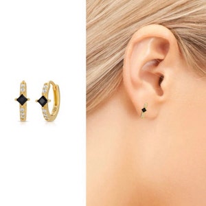 Onyx hoop earrings • black gem rhombus hoops • statement black hoops • lightweight hoops • gold black hoop earrings • minimalist earrings