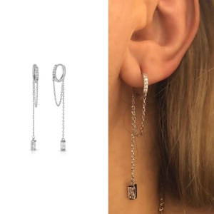 Sterling Silver Dangle Clear Bar Hoop Earrings • Silver Hoops •Drop Hoops • Huggie Earrings • Minimalist Hoops • Charm Earrings • Chain Bar