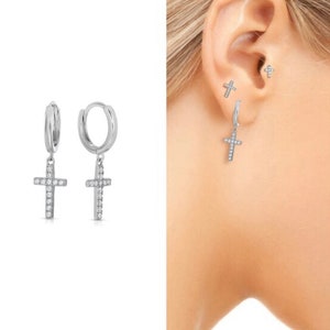 Tiny Cross Hoop Sterling Silver • Tragus Cartilage Petite Cross Earrings, Fashion Jewelry, Baptism Gift, Multi-piercing, Gift For Kid