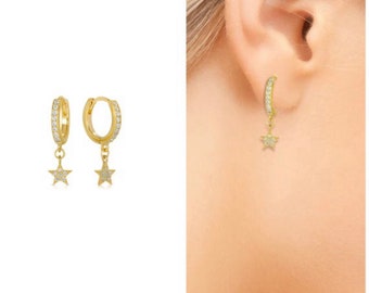 Star hoop earrings • gold huggie hoop • silver hoops • star dangle earrings • tiny gold hoops • tiny silver star earrings • celestial hoops