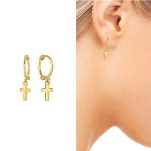 Tiny Cross Hoop Sterling Silver • Tragus Cartilage Petite Cross Earrings, Fashion Jewelry, Baptism Gift, Multi-piercing, Gift For Kid