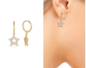 Star hoop earrings • gold huggie hoop • silver hoops • star dangle earrings • tiny gold hoops • tiny silver star earrings • celestial hoops