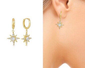 Star hoop earrings • gold huggie hoop • silver hoops • star dangle earrings • tiny gold hoops • tiny silver star earrings • celestial hoops