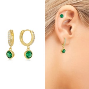 Emerald bezel hoop dangle earrings • Bezel hoop • gold hoop earrings • delicate emerald earrings • minimalist hoops • emerald charm hoop