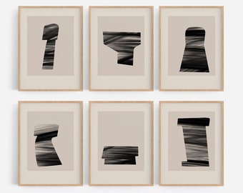 Giclee print wall art set, six abstract geometric gallery wall, 6 printed framed, living room home decor, black beige poster wooden frame