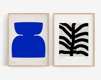 Geometric Wall Art Set | Giclee Print | Abstract Gallery Wall | 2 Framed Prints | Living Room Home Decor | Blue Black Poster Wooden Frame