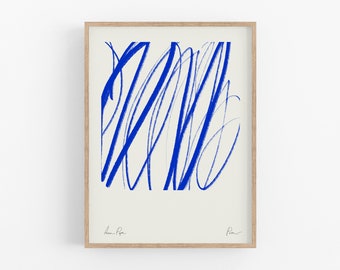 Printed wall art, framed Giclee print, abstract artwork, living room home decor, modern painting, minimalist vivid blue lines on beige