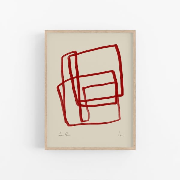 Geometric Wall Art Print | Framed Giclee Print | Modern Abstract Minimalist Decor | Red Lines on Beige