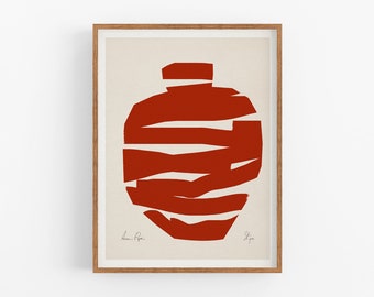 Geometric Wall Art Print | Framed Giclee Print | Modern Abstract Minimalist Decor | Red Lines Vessel on Beige