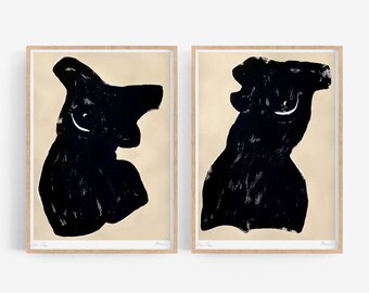 Two female figure paintings, black gouache wall art, set of 2 abstract artwork, living room decor, minimalist contemporary art, black beige