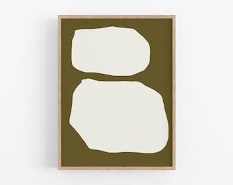Printed framed wall art, Giclee print, geometric artwork, living room home decor, modern abstract, minimalist objects on olive green khaki