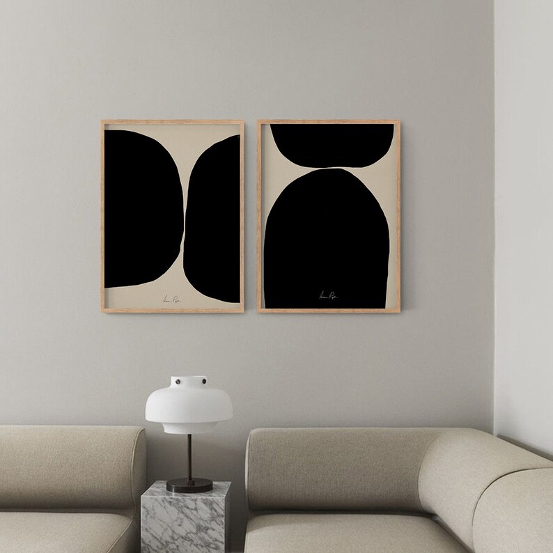 Geometric Wall Art Set Giclee Print Abstract Gallery Wall 2 Framed Prints Living Room Home Decor Black Beige Poster Wooden Frame image 2