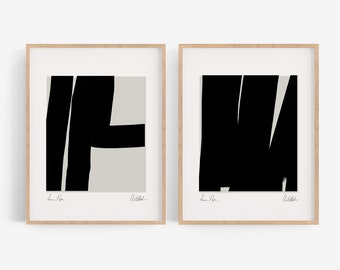 Giclee print wall art set, two abstract geometric gallery wall, 2 printed framed, living room home decor, black beige poster wooden frame