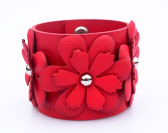 Bracelet manchette en cuir pour femme, fait main, fleurs en cuir, cadeau