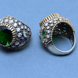 Emerald & Zircon Ring: Turkish Handmade 925 Sterling Silver Ottoman Style