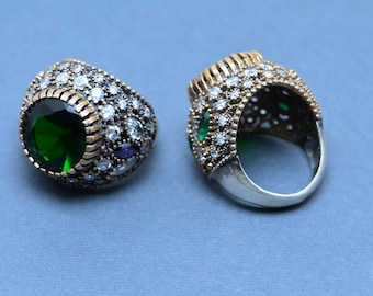 Emerald & Zircon Ring: Turkish Handmade 925 Sterling Silver Ottoman Style