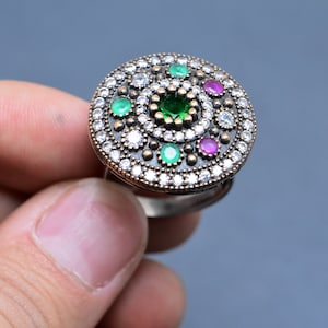 Handmade Ottoman Emerald Ring: 925k Sterling Silver, Cubic Zircon