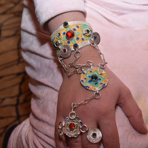 Berber Armband Emaille handgefertigt mit Ring , Berber Tiznit Manschette Frau