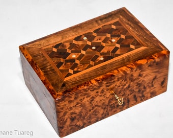 Wooden Jewelry Box Made Of Thuya Burl,Lockable Wooden Chest Box With Two Storage Level, Handmade Box Jewelry