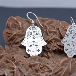 Moroccan Hand Fatima Silver Earrings , Handmade Earrings Engraving