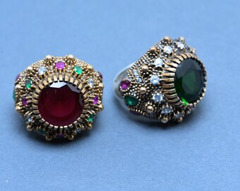 Emerald Ring: Handmade Ottoman 925k Sterling Silver Cubic Zircon Ring