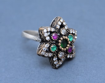 Handmade Sterling Silver Emerald Ring: Turkish Ottoman Style
