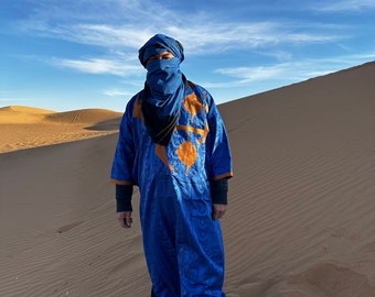 Tuareg clothing gandora with tuareg scarf , berber Djellaba sahraoui, tuareg scarf , tuareg dress bleu , tuareg blue men, kaftan mens