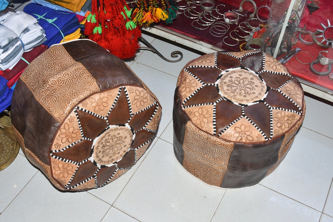 Brown Tan Moroccan Pouf Leather Pouf Ottoman Pouffes Moroccan home