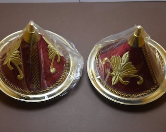 Pair Moroccan Brass Tajine: Embroidered Velvet Serving Dish