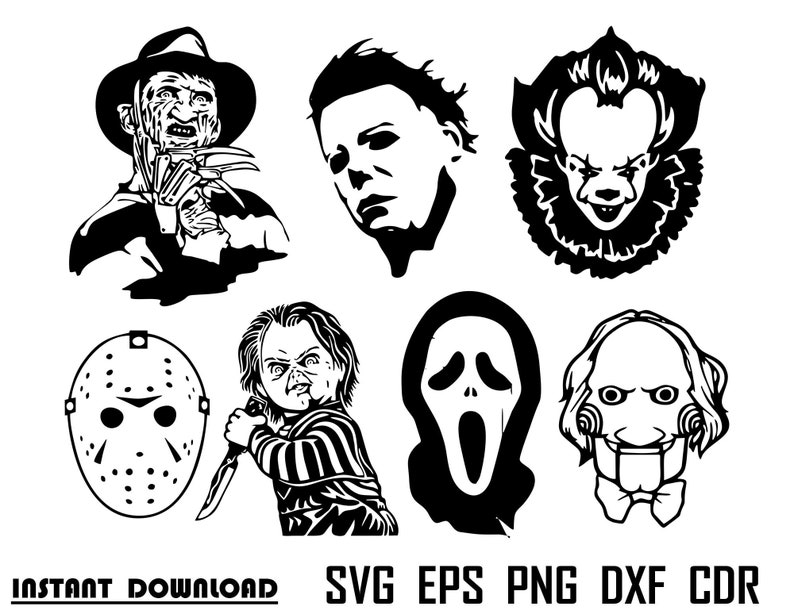 Download Horror Movie Characters Svg Freddy Scream Pennywise Michael Myers Chucky Beetle Juice Svg Vector Cricut Cameo Silhouette Print Decal Logo Digital Drawing Illustration Safarni Org