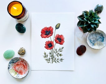 Oriental poppy flower original watercolour painting: floral artwork, botanical illustration, natural history wall art, home decoration