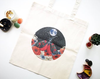 Floral moth cotton tote bag: shopping bag, butterfly insect tote bag, groceries bag, market canvas bag, gift for her, eco friendly bag
