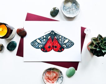 Moth art print A5: scarlet tiger moth entomology watercolour wall art, butterfly insect illustration, natural history art, wildlife painting