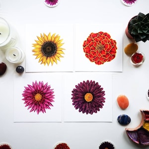 Set de impresión de flores de otoño 13x13: ilustración floral de acuarela, decoración de arte mural botánico, coleccionista de postales, tarjeta de girasol