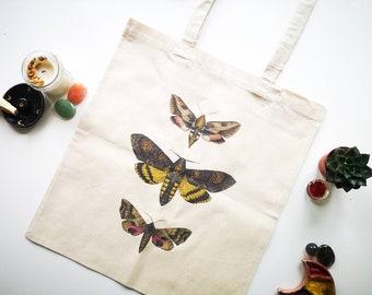 Moth cotton tote bag, shopping bag, butterfly insect bag, groceries bag, market canvas bag, gift for her, eco friendly canvas bag