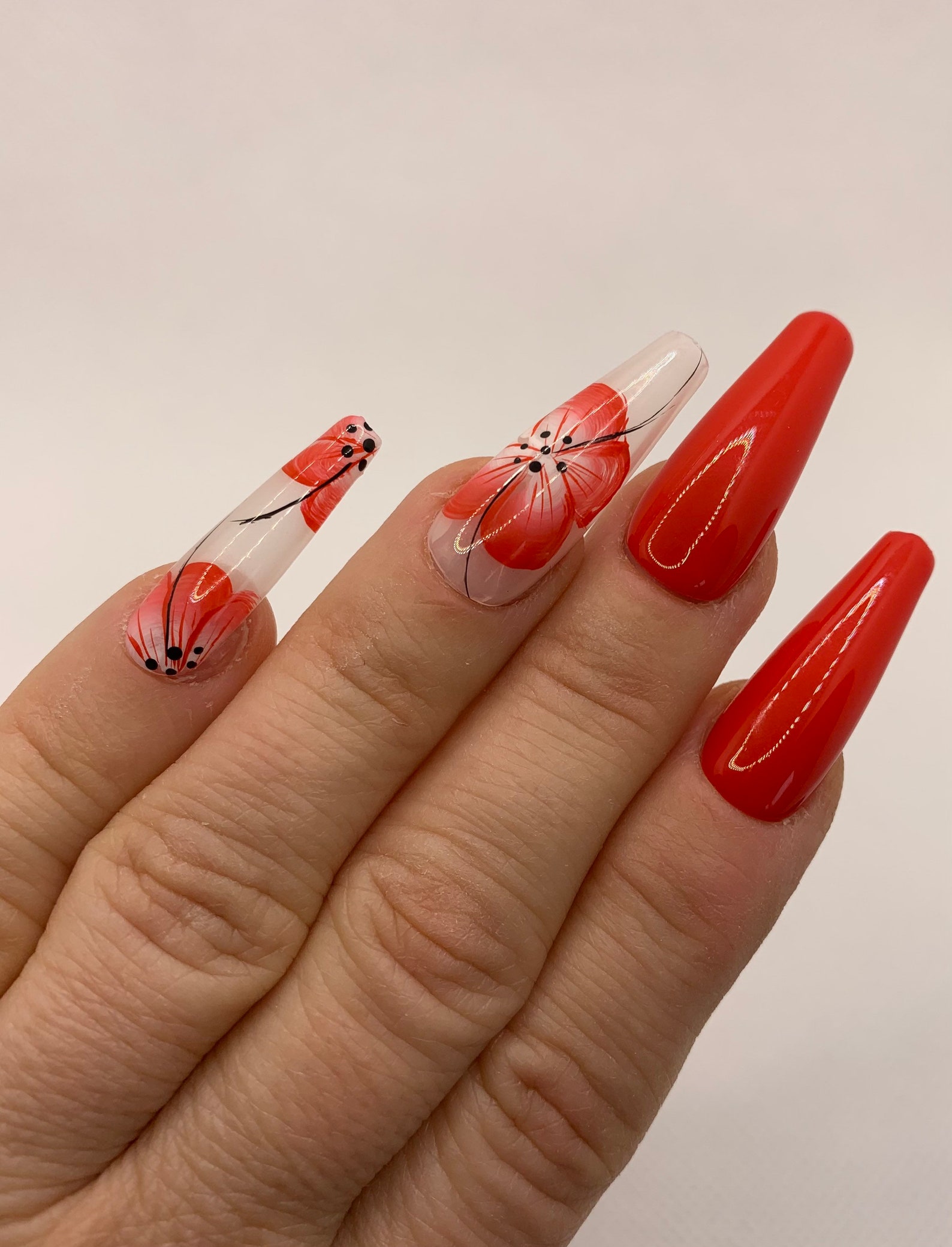 Press on Nails Hand Painted Nails Long Coffin Nails Red Etsy
