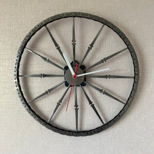 Large cartwheel clock, handmade using a scrap car timing chain. up-cycled gift by Scrapwork Boutique