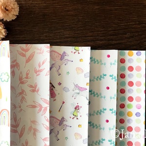 Geschenkpapier Bastelpapier Set Einhörner, Blumen, Punkte, Regenbögen