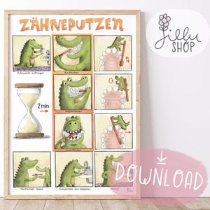 Può includere: Un poster incorniciato con il testo tedesco "ZÄHNEPUTZEN" in alto, che illustra un coccodrillo che si lava i denti in una guida passo passo. Il poster include una clessidra e la parola "DOWNLOAD".