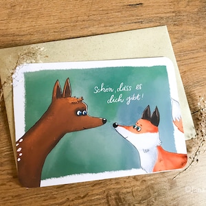 Postkarte Fuchs und Reh "schön, dass es dich gibt!" mit Graspapierumschlag