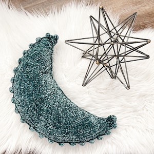 Crocheted Green Velvet Moon Pillow, Crocheted Nursery Pillow, Handmade Moon Pillow